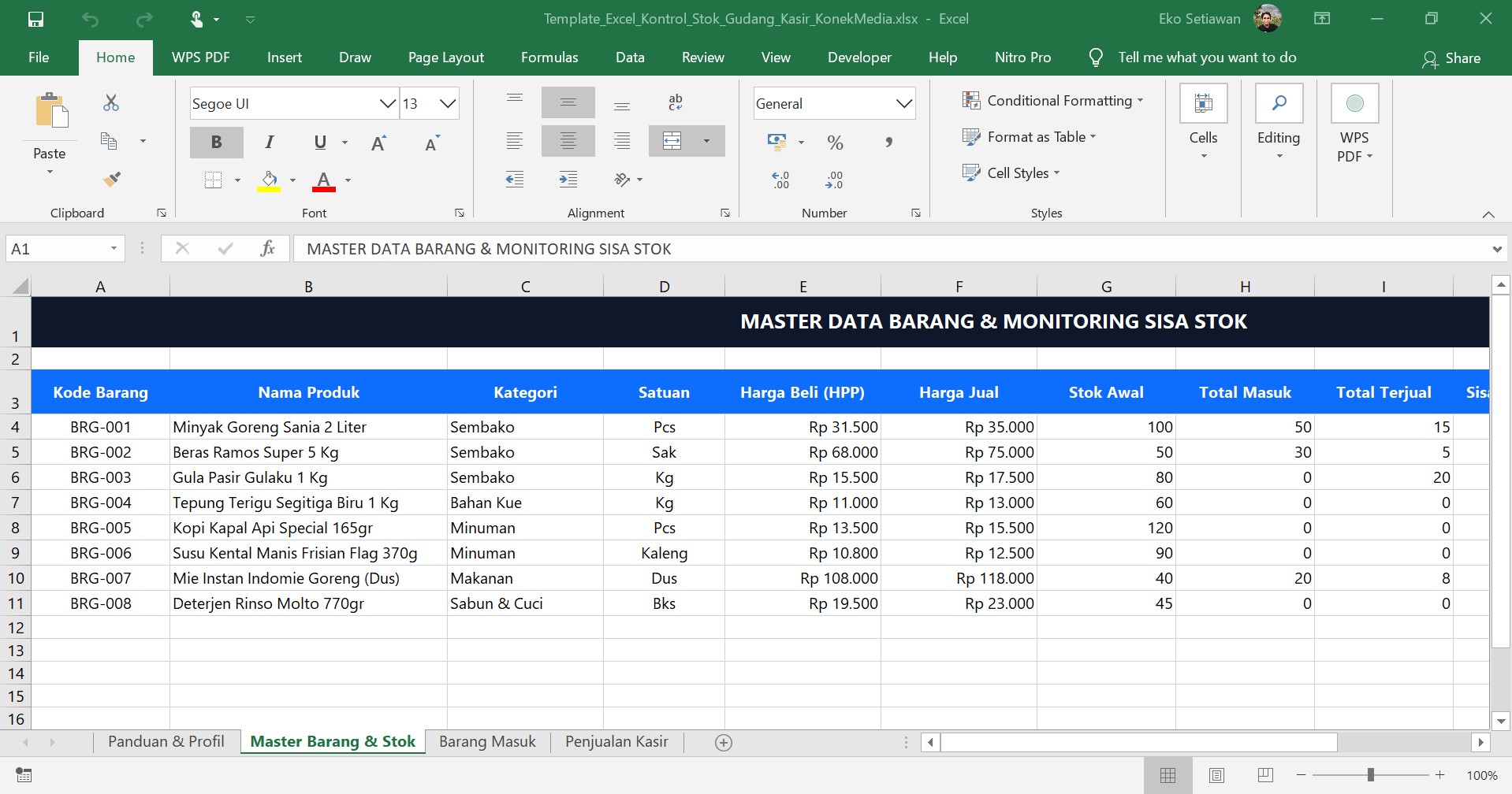Template Excel: Kontrol Stok Gudang & Rekap Kasir Toko Grosir (Siap Pakai)