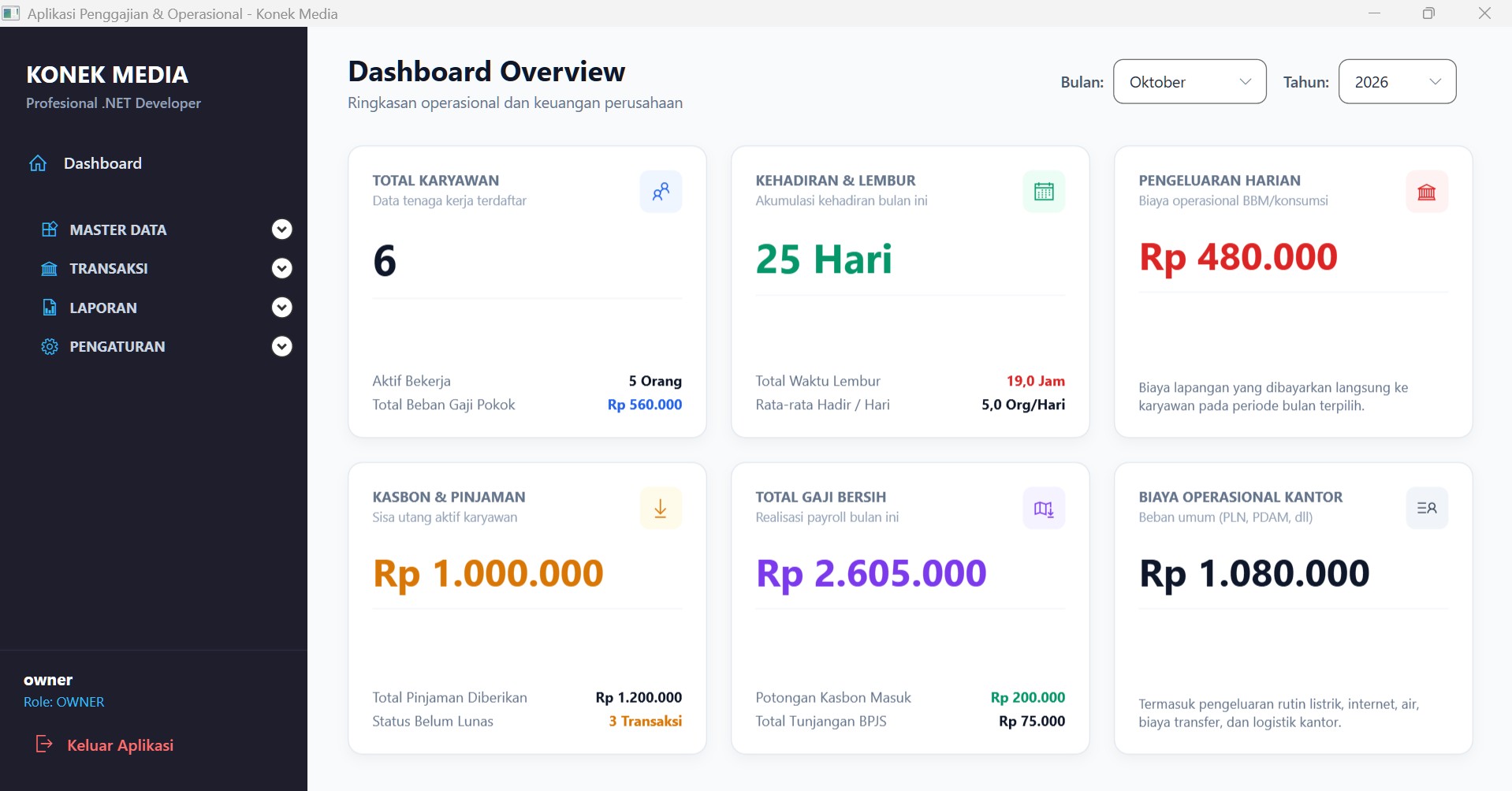 Payroll & Slip Gaji Kontraktor: Sistem Penggajian & Kasbon Karyawan Lapangan Berbasis Desktop .NET WPF